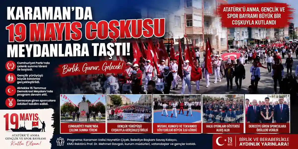 Karaman&rsquo;da 19 Mayıs Coşkusu Meydanlara Taştı