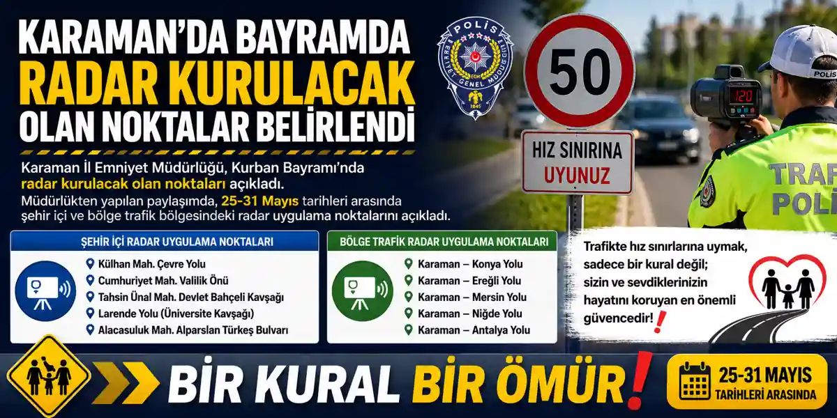 Karaman&rsquo;da Bayramda Radar Denetim Noktaları A&ccedil;ıklandı