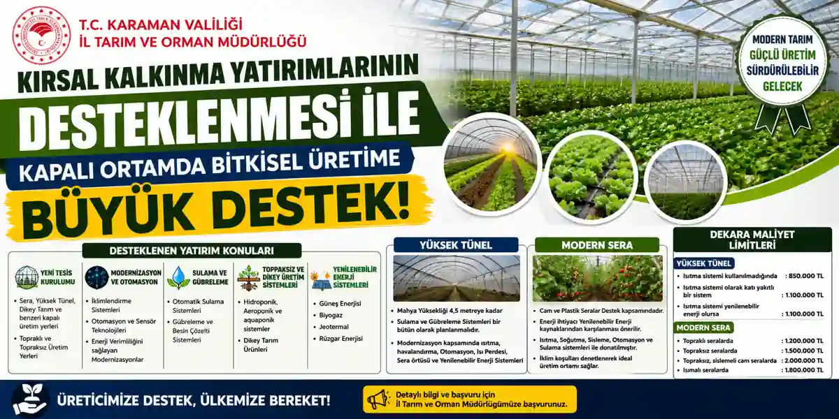 Karaman&rsquo;da Kapalı Ortamda Bitkisel &Uuml;retime B&uuml;y&uuml;k Destek