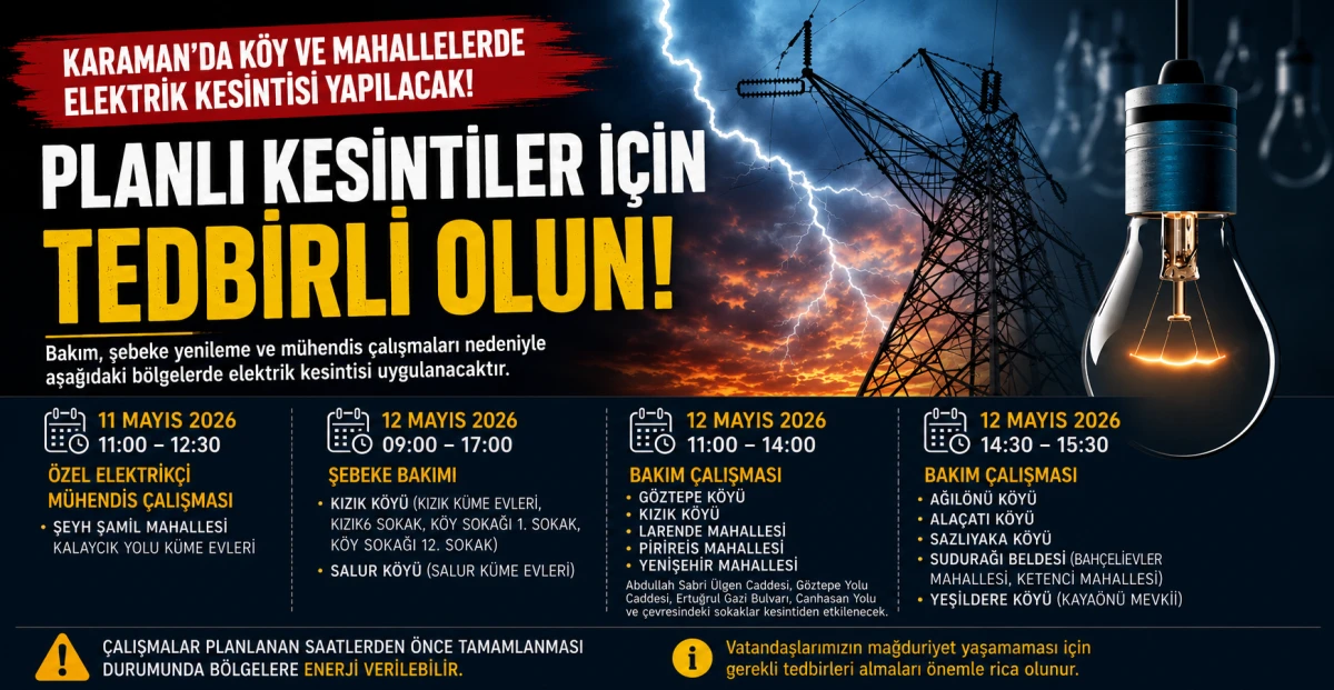 Karaman&rsquo;da K&ouml;y ve Mahallelerde Elektrik Kesintisi Yapılacak