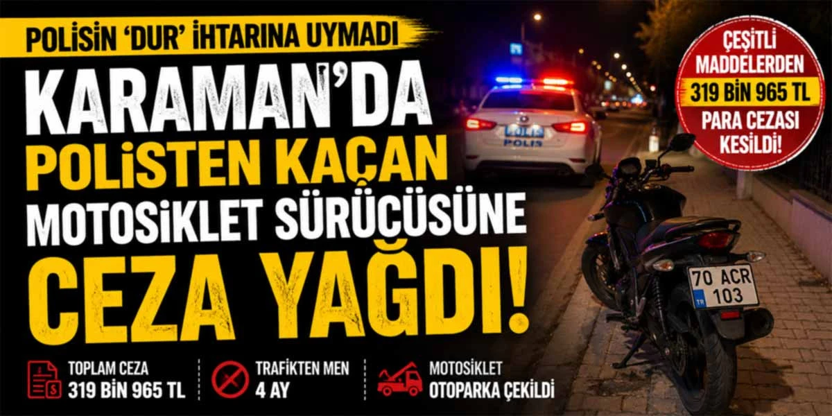 Karaman&rsquo;da polisin &ldquo;dur&rdquo; ihtarına uymayarak ka&ccedil;an motosiklet s&uuml;r&uuml;c&uuml;s&uuml;ne ağır ceza uygulandı.