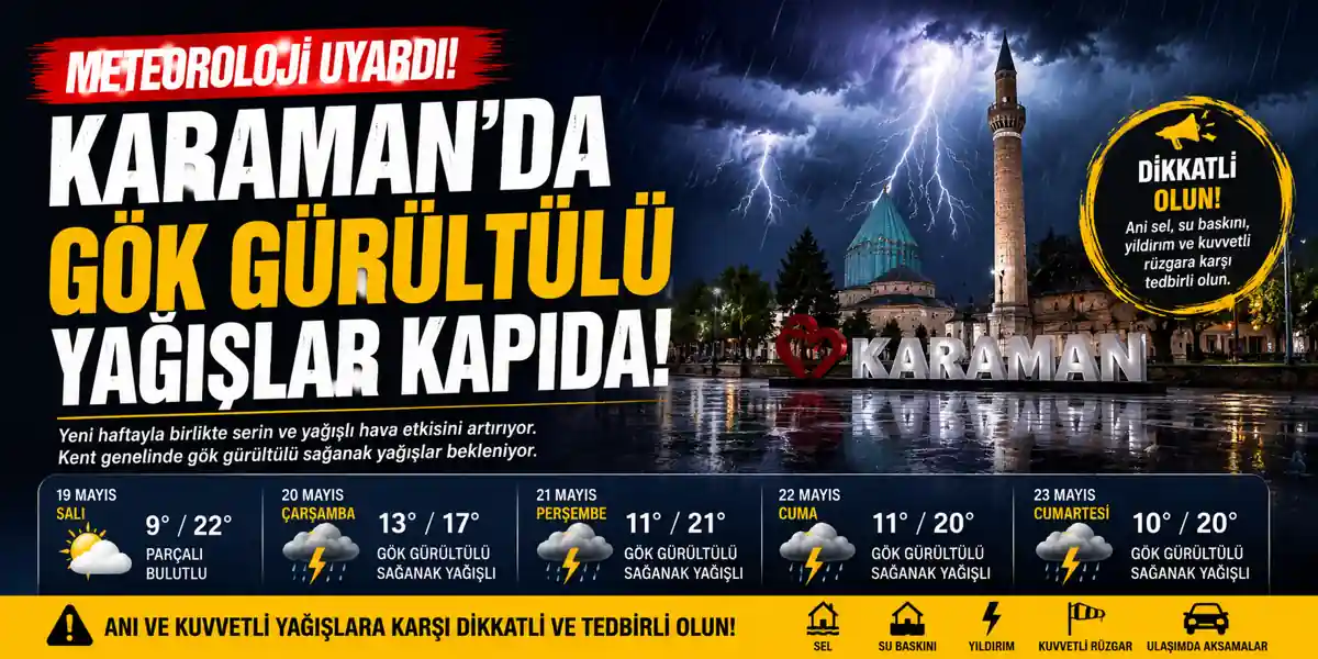 Meteoroloji Uyardı: Karaman&rsquo;da G&ouml;k G&uuml;r&uuml;lt&uuml;l&uuml; Sağanak Yağışlar Başlıyor